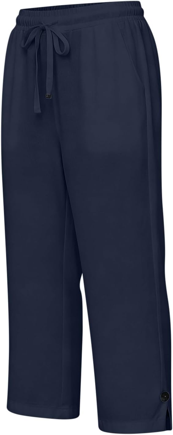 Straight Leg Capri Linen Pants for Women Elastic Waist Drawstring Pant Summer - Image 4