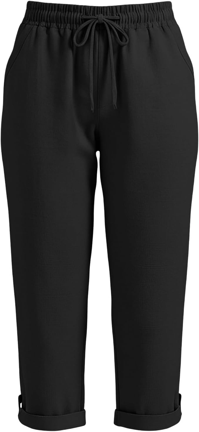 Drawstring Capri Linen Pants Women Elastic Waist Straight Leg Pant Summer Beach - Image 7