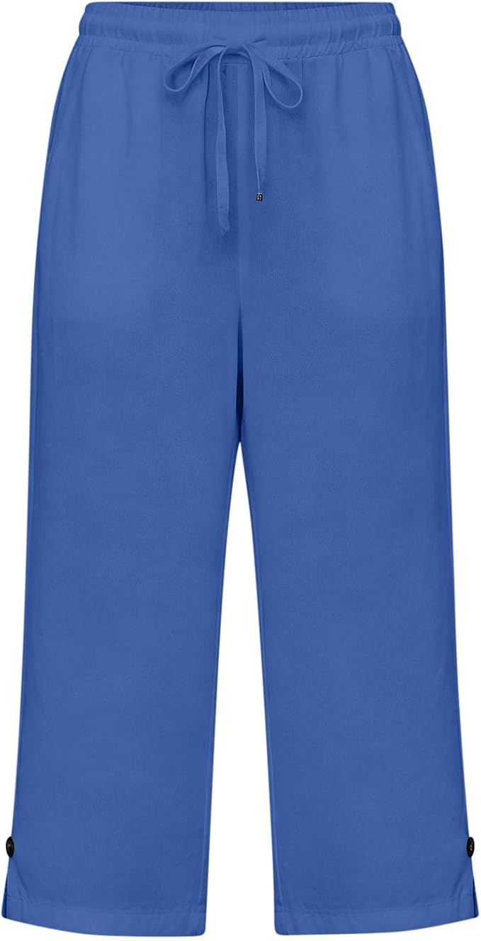 Straight Leg Capri Linen Pants for Women Elastic Waist Drawstring Pant Summer - Image 5