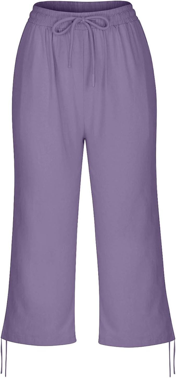 Linen Capri Pants for Women Drawstring Elastic Wide Leg Trouser 2026 Summer - Image 7