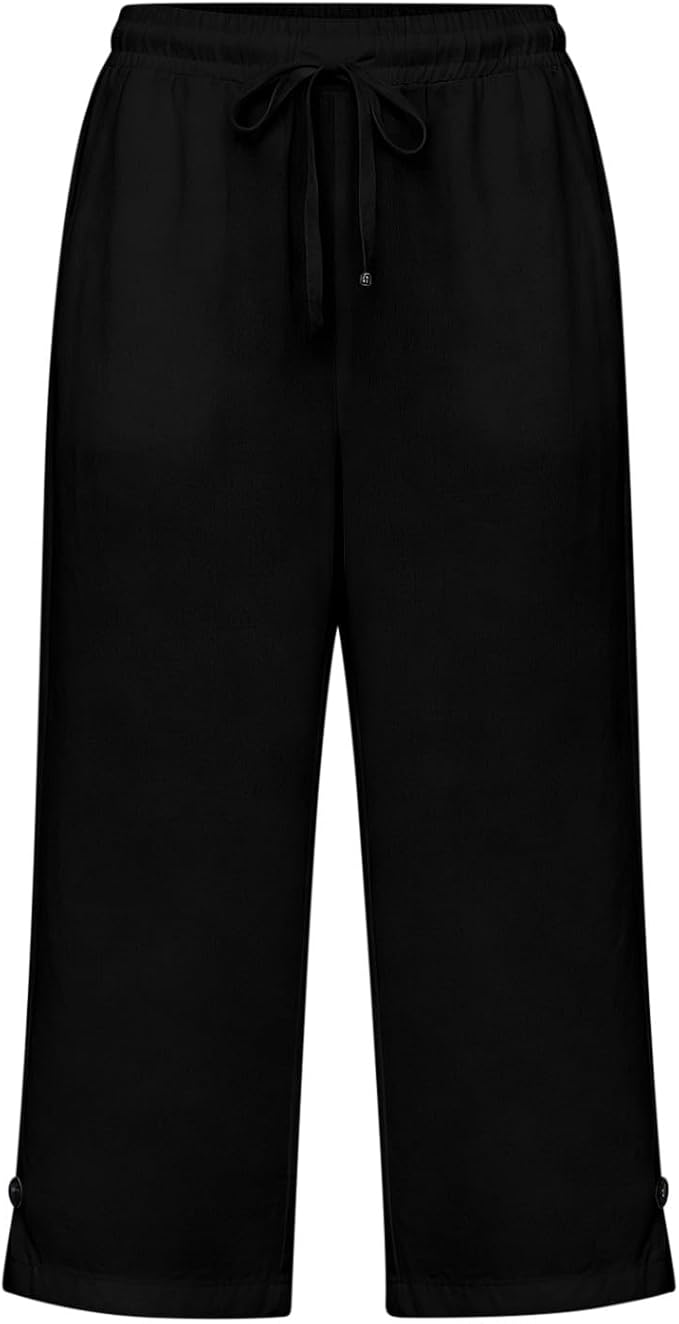Straight Leg Capri Linen Pants for Women Elastic Waist Drawstring Pant Summer - Image 4