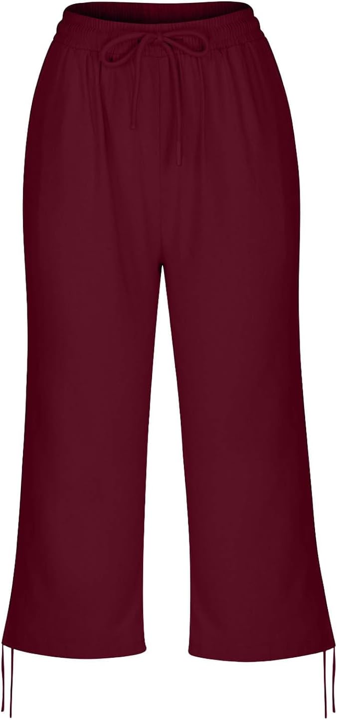 Linen Capri Pants for Women Drawstring Elastic Wide Leg Trouser 2026 Summer - Image 7