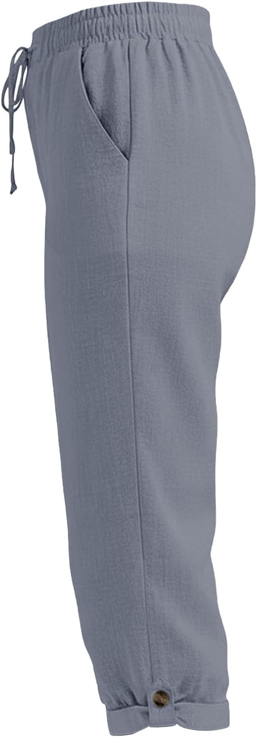 Drawstring Capri Linen Pants Women Elastic Waist Straight Leg Pant Summer Beach - Image 7