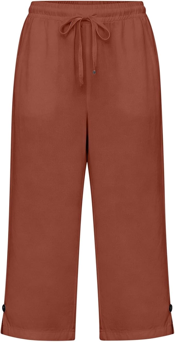 Straight Leg Capri Linen Pants for Women Elastic Waist Drawstring Pant Summer - Image 4