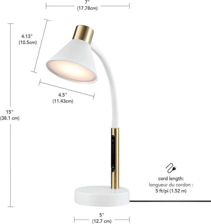 Globe Electric 62000035 15" LED Integrated Desk Lamp, Matte White, Brass Accent - Image 14