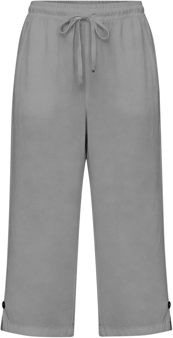 Straight Leg Capri Linen Pants for Women Elastic Waist Drawstring Pant Summer - Image 5