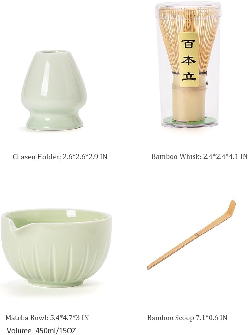 TANG PIN Matcha Set - Match Bowl with Spout and Whisk, 15 OZ, Matcha Scoop | Matcha Whisk Stand (Chasen Holder) - 4pc Perfect Matcha Kit for Matcha Tea Ceremony (Green)