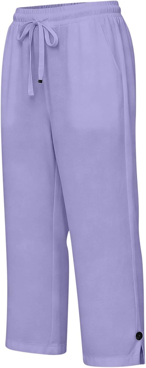 Straight Leg Capri Linen Pants for Women Elastic Waist Drawstring Pant Summer - Image 6