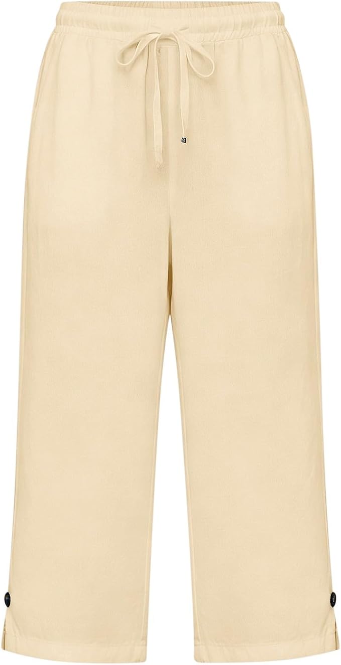 Straight Leg Capri Linen Pants for Women Elastic Waist Drawstring Pant Summer - Image 4