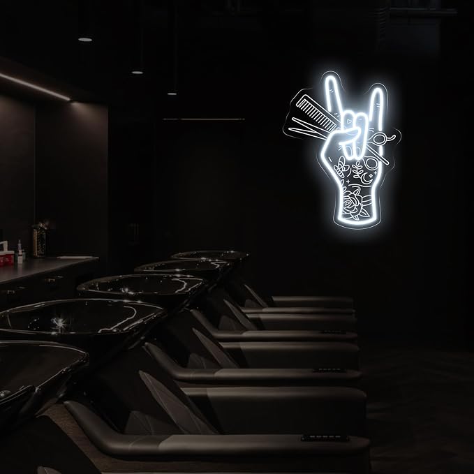 Stylish Hand Holding Scissors and Comb Peace Neon Sign, Hair studio Led - Image 8