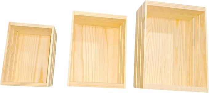 3-Pack Nesting Wooden Crates, 5/6.3/7.9 Inch Natural Pine Wood Boxes, by Unknown