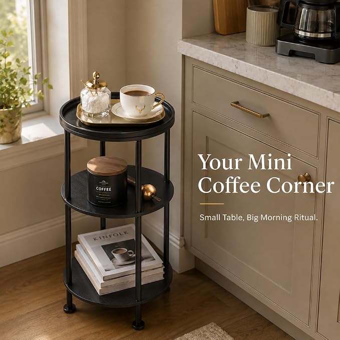 Small Round Side Table with Tray Top, 3-Tier Black End Table - Image 9