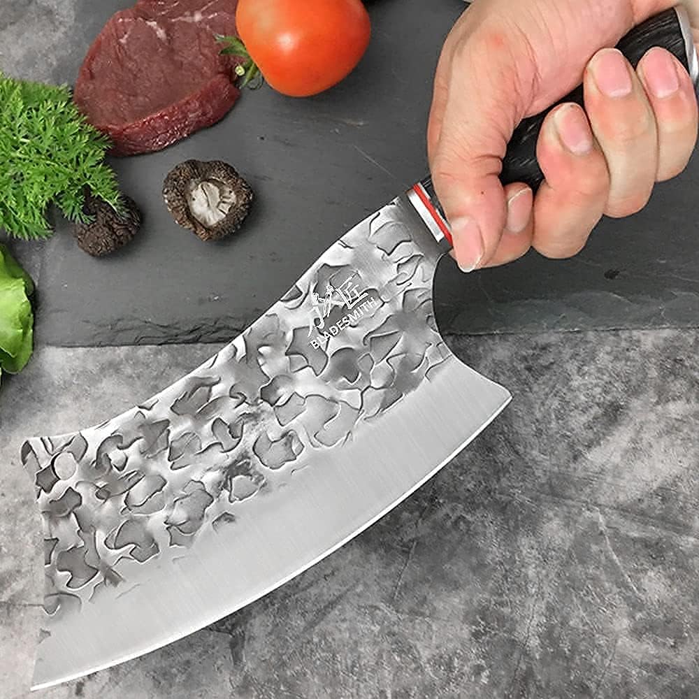 BLADESMITH Butcher Knife 8β, Forged Meat Cleaver Kitchen Knives, Curved High Carbon Steel Blade, PakaWood Handle, for Slicing and Cutting