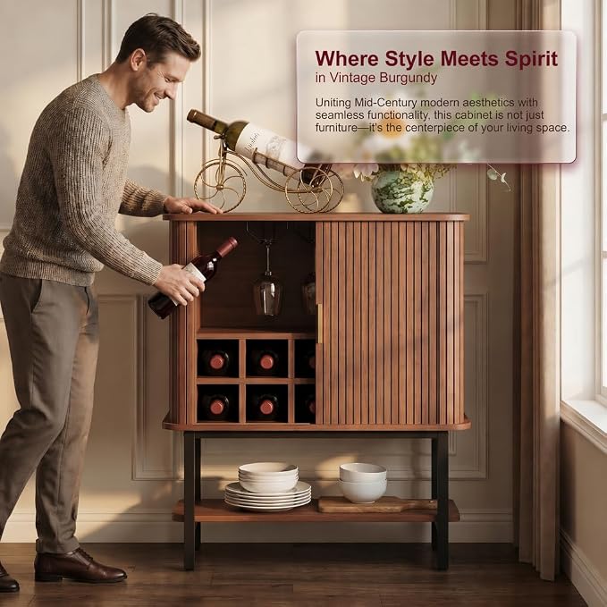 Wine Cabinet with Storage, Liquor Cabinet with Sliding Doors & Open Wine Rack - Image 7