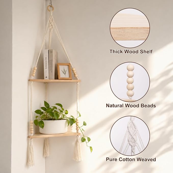 Artilady Macrame Wall Hanging Corner Shelf 2-Tier, Adjustable Boho Stable - Image 6