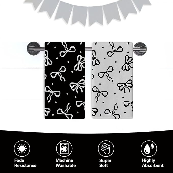 Black White Bow Kitchen Dish Towels Set of 2, Coquette Ribbon Preppy Drying - Image 6