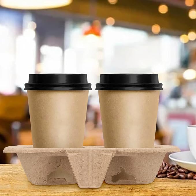 KEILEOHO 2 Cup Carrier Tray 100 Pack Pulp Fiber Drink Carrier, Disposable Cup - Image 7