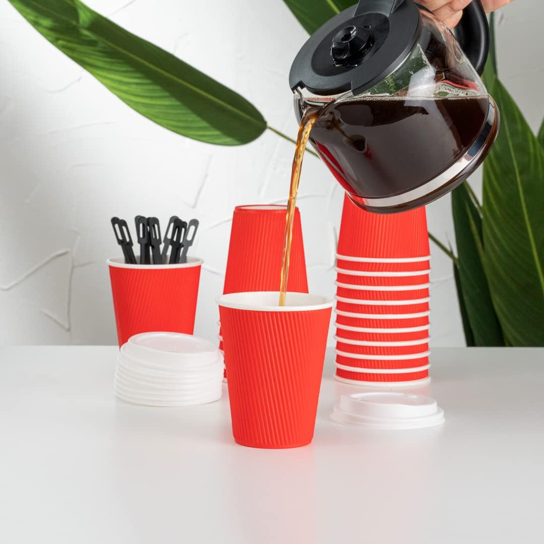 Restaurantware 12 Ounce Ripple Wall Disposable Coffee Cups, 500 Insulated Midnight Red Paper Tumblers with Rolled Rim Design, Lids Sold Separately for Hot Drinks like Tea, Hot Chocolate and More