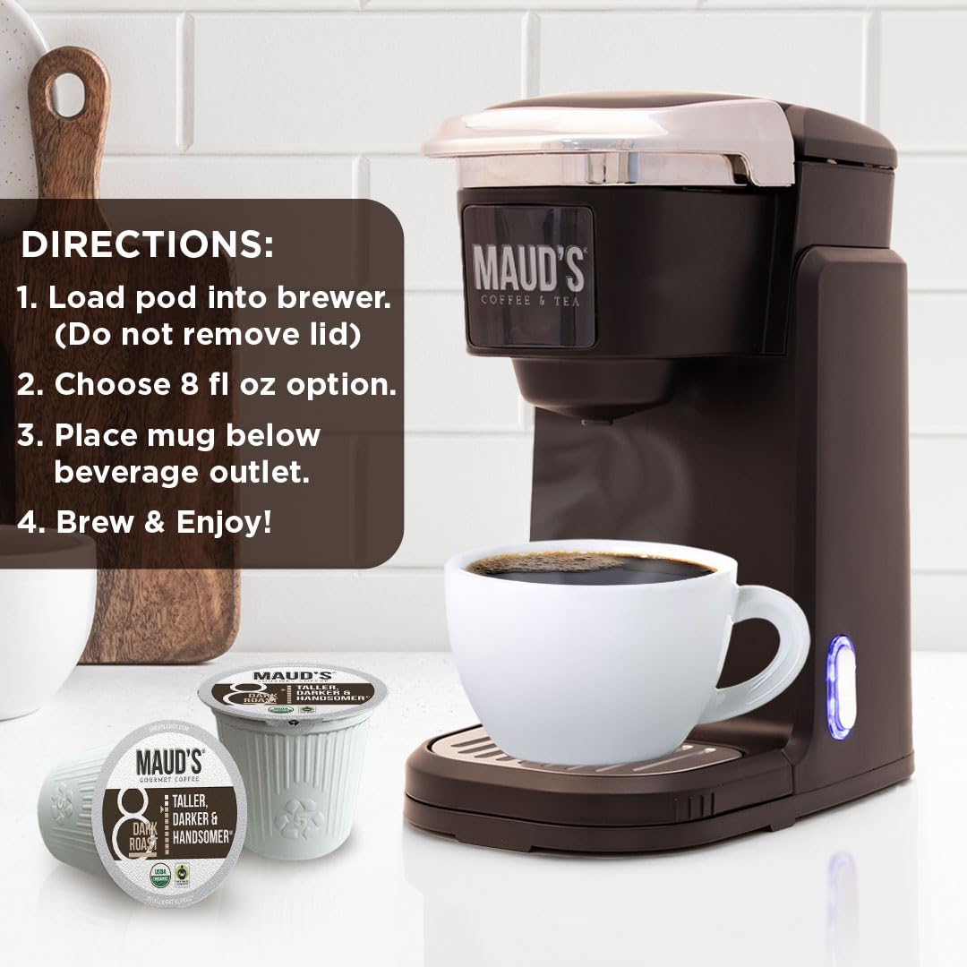 Maud's Organic Dark Roast Coffee Pods, 50 ct, Fair Trade & Single Origin Recyclable Single Serve Pods – 100% Arabica Coffee, Compatible with Keurig K Cups Maker