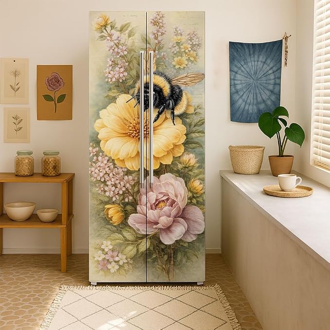 2 Pcs Bee Flower Removable Refrigerator Wraps, Self-Adhesive Vintage Floral Bee - Image 7