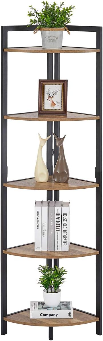 FATORRI Tall Corner Shelf, Industrial Corner Bookshelf, Wood and Metal Corner - Image 9