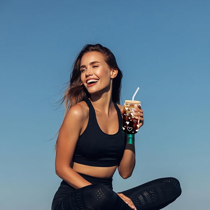 Glass Cup with Lid and Straw, 16 oz Cute Iced Coffee Cup with Heart Design - Image 8