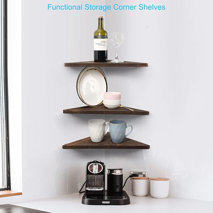 Joiishom Corner Wall Shelf Set of 3, Floating Corner Shelves, Rustic Wood Wall - Image 6