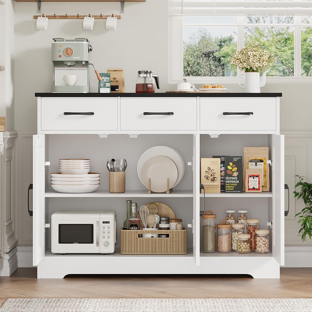 HOSTACK Modern Farmhouse Buffet Sideboard Cabinet, Barn Doors Storage Cabinet with Drawers and Shelves, Wood Coffee Bar with Storage for Dining Room, Kitchen, Living Room, White/Black