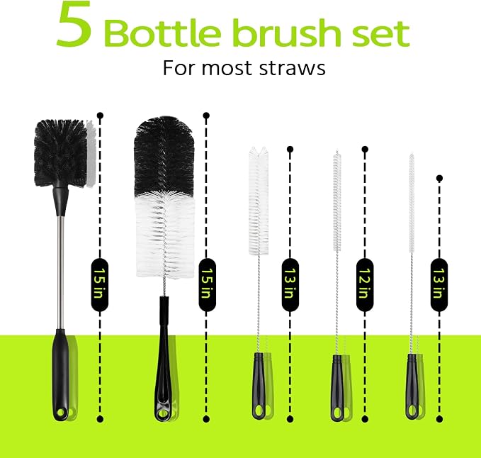 5 Pack Bottle Brush, 15in Stainless Steel Water Bottle Brush, 3 Straw Brushes - Image 6