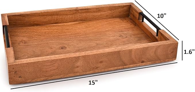 Tray with Metal Handles Acacia Wood Serving Tray Decorative Ottoman Coffee - Image 5