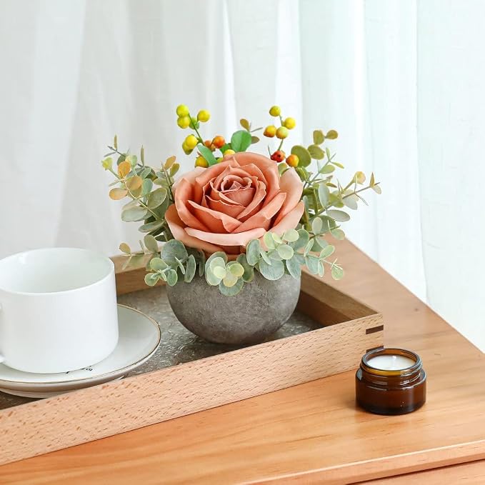 Small Artificial 2pcs Orange Rose Potted Plant, Mini Faux Floral Arrangement - Image 7