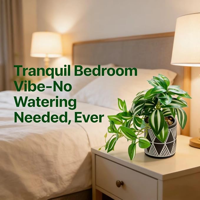 7" Artificial Variegated Pothos Vine in Geometric Ceramic Pot Lifelike Faux - Image 8