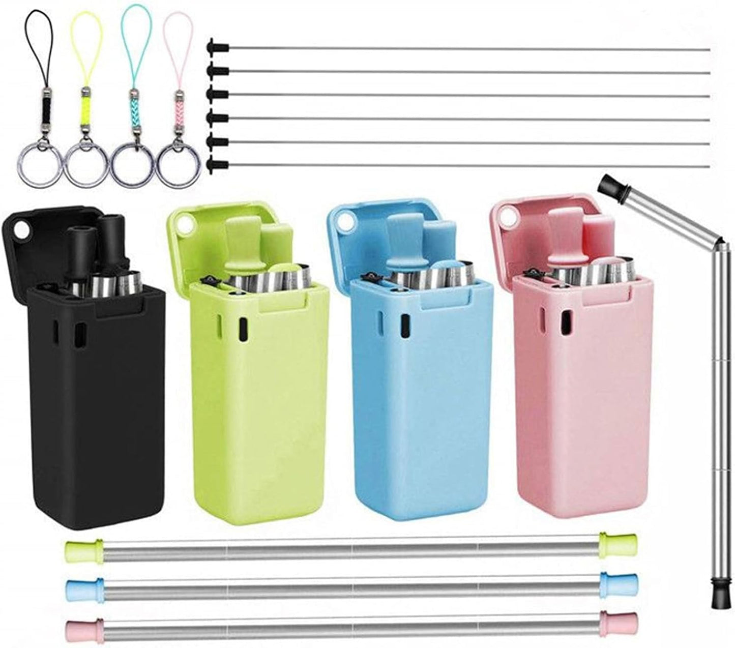Foldable Straw with Storage Box, Reusable Folding Stainless Steel Straw, Portable Collapsible Set with Silicone Tip and Cleaner Brush for Travel Home Work (blue)