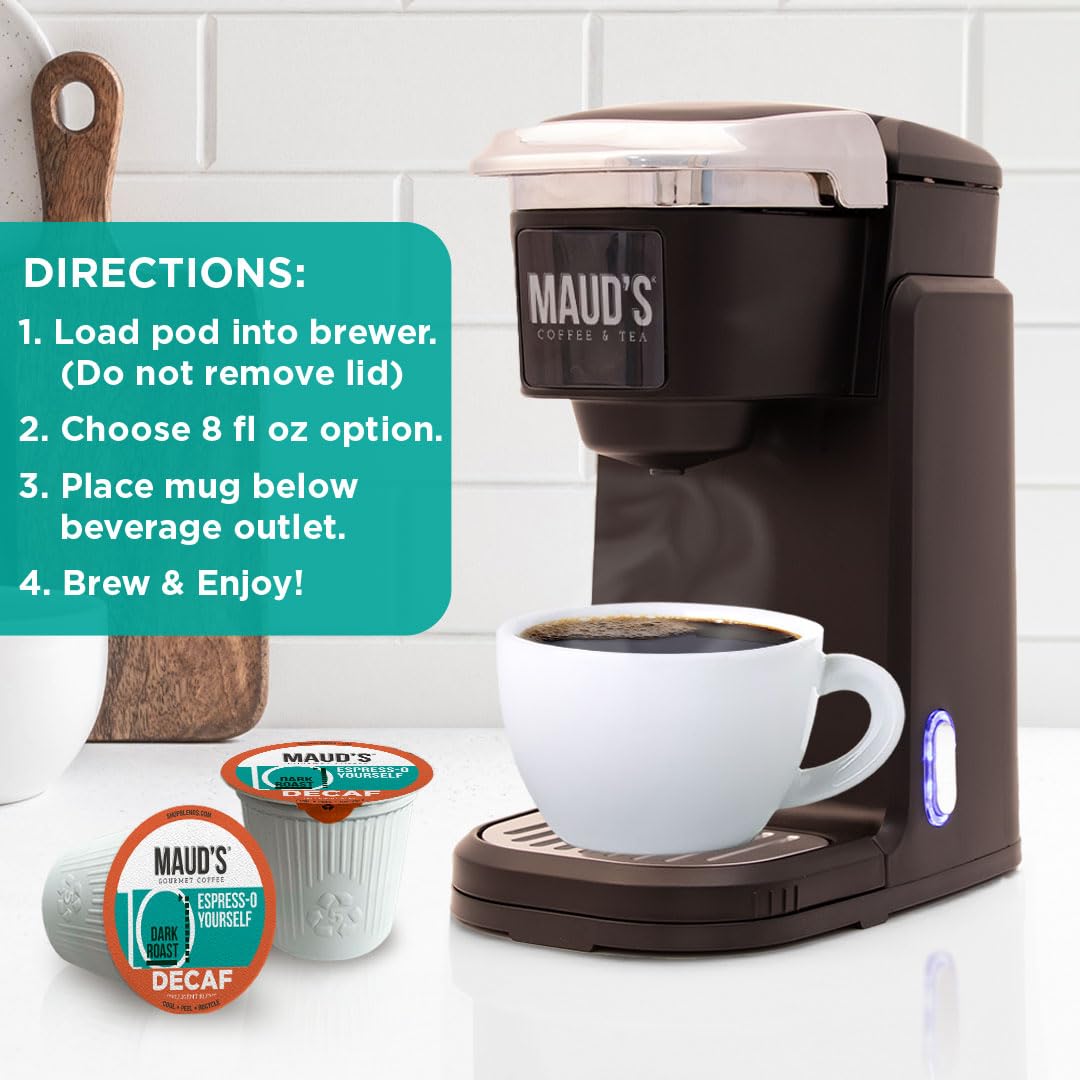 Maud's Decaf Espresso Roast Coffee Pods, 18 ct, Decaffeinated Dark Roast Recyclable Single Serve Pods – 100% Arabica Coffee, Compatible with Keurig K Cups Maker