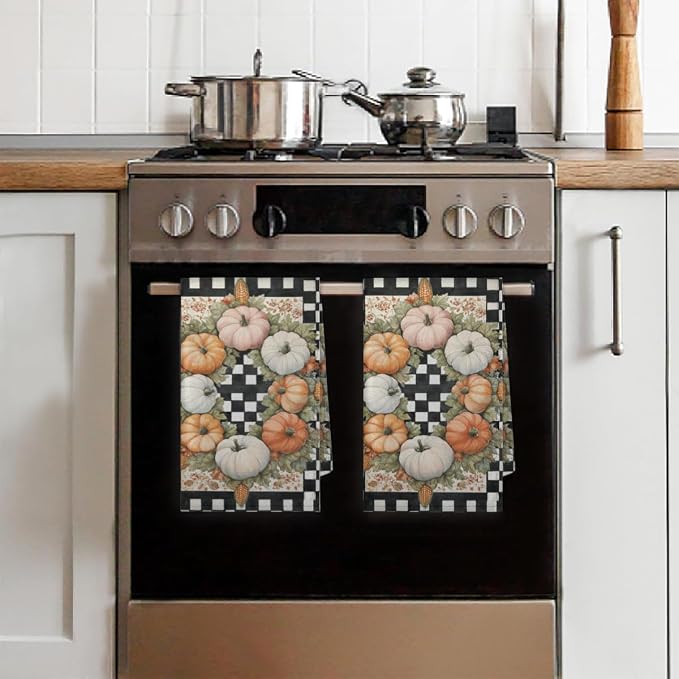 Colorful Pumpkin Kitchen Towels Set of 2 Fall Buffalo Plaid Dish Towels Bar - Image 7