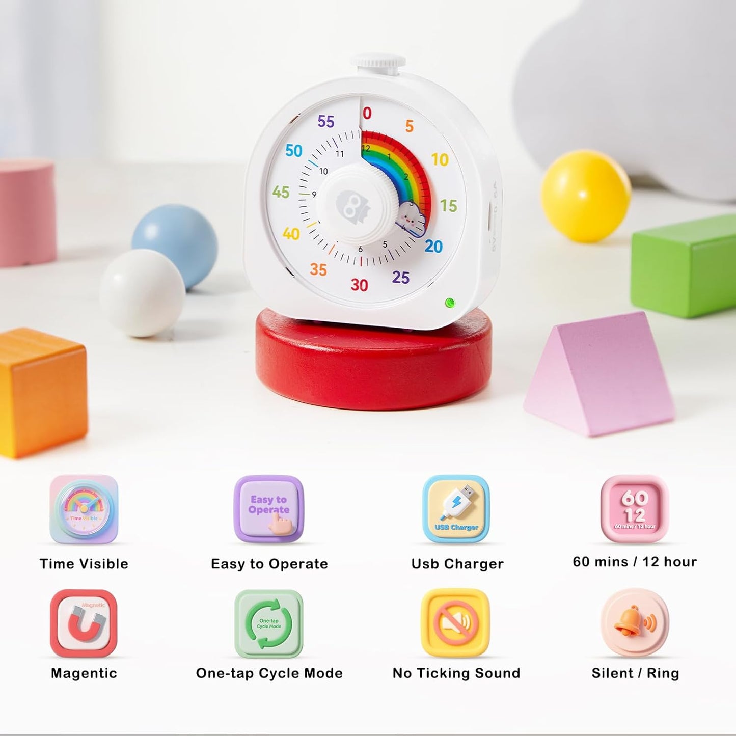 Visual Timer for Kids β 60min/12h Rainbow Magnetic Timer for Classroom, Rechargeable Silent Countdown Timer with Pomodoro Mode, ADHD Time Management Tool