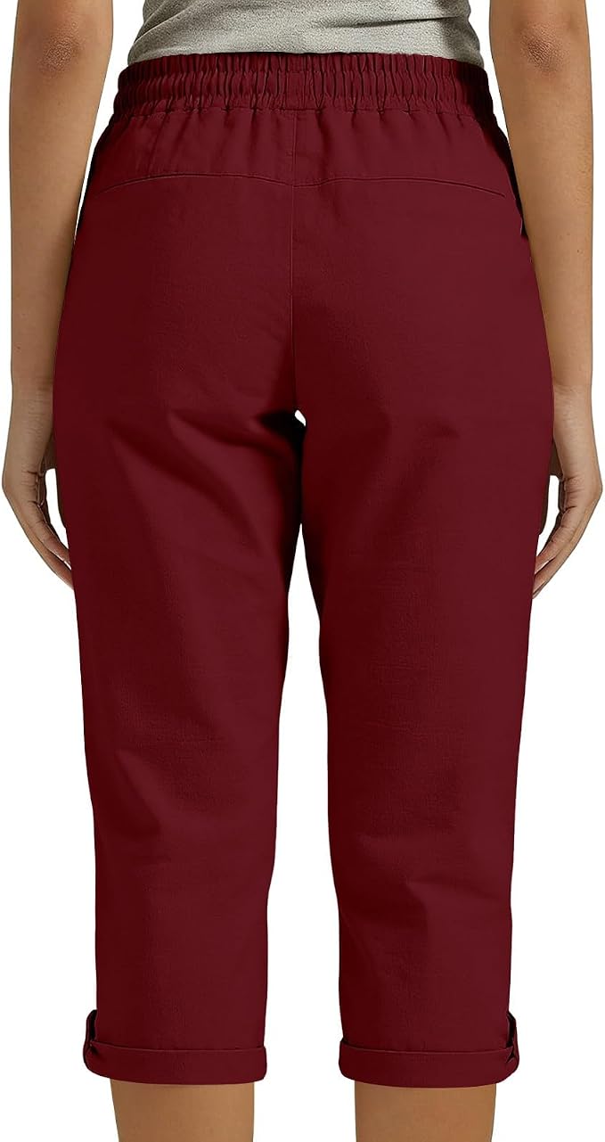 Drawstring Capri Linen Pants Women Elastic Waist Straight Leg Pant Summer Beach - Image 7
