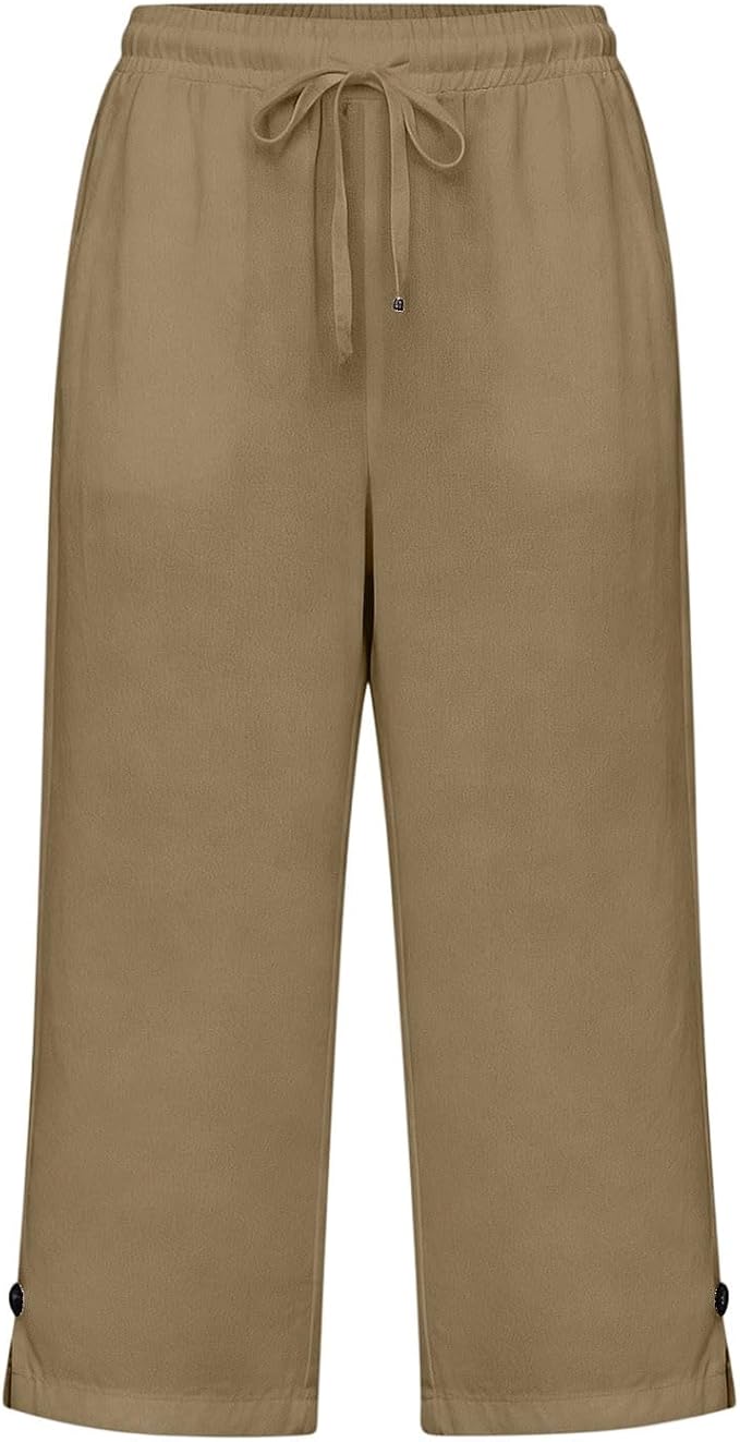 Straight Leg Capri Linen Pants for Women Elastic Waist Drawstring Pant Summer - Image 4