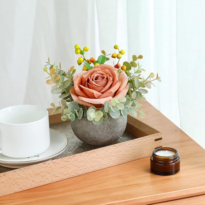 Small Artificial Orange Rose Potted Plant, Mini Faux Floral Arrangement - Image 7