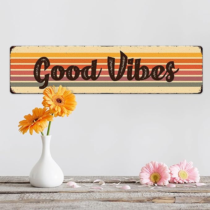 Good Vibe Rainbow Stripe Pattern Tin Sign Vintage Metal Sign Retro Wall Art - Image 5