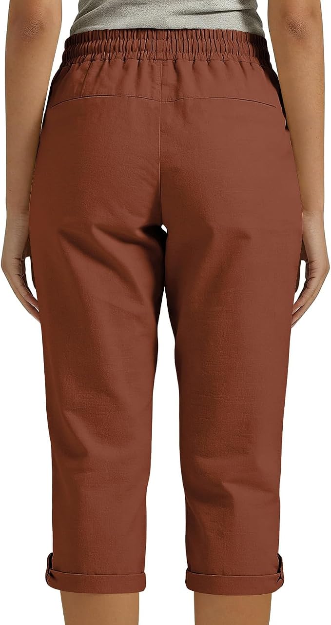Drawstring Capri Linen Pants Women Elastic Waist Straight Leg Pant Summer Beach - Image 7