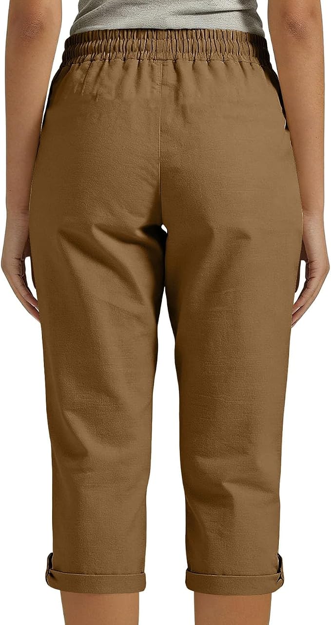 Drawstring Capri Linen Pants Women Elastic Waist Straight Leg Pant Summer Beach - Image 7