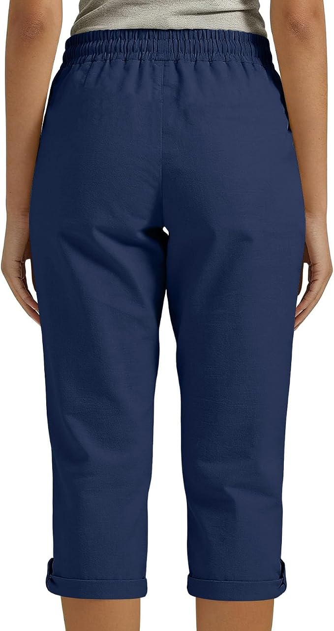 Drawstring Capri Linen Pants Women Elastic Waist Straight Leg Pant Summer Beach - Image 7