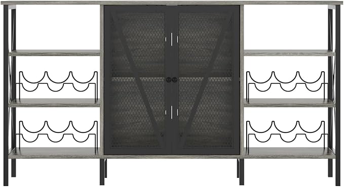55" Wine Bar Cabinet with LED Light, Wine Rack & Glass Holder, Mesh Doors & - Image 7