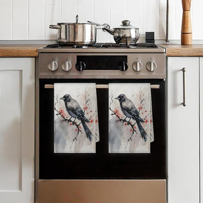 Watercolor Crow Flower Kitchen Towels Set of 2 Absorbent Drying Dish Towels - Image 7