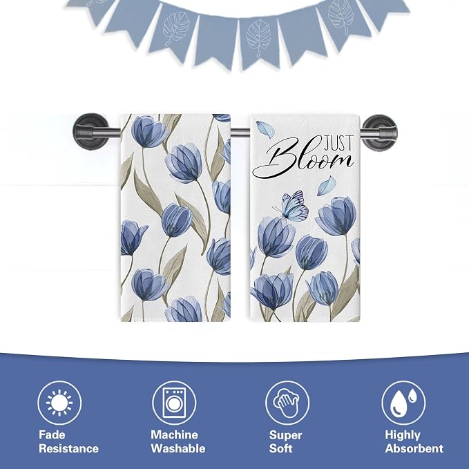 Spring Blue Tulip Flower Kitchen Dish Towels Set of 2, Just Bloom Floral - Image 6