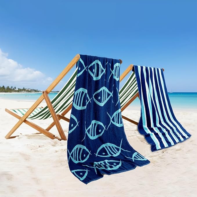 CASA COPENHAGEN Miami Towel 2Pcs Fish Navy-Turquoise Stripe Designer Stripe by CASACOPENHAGEN