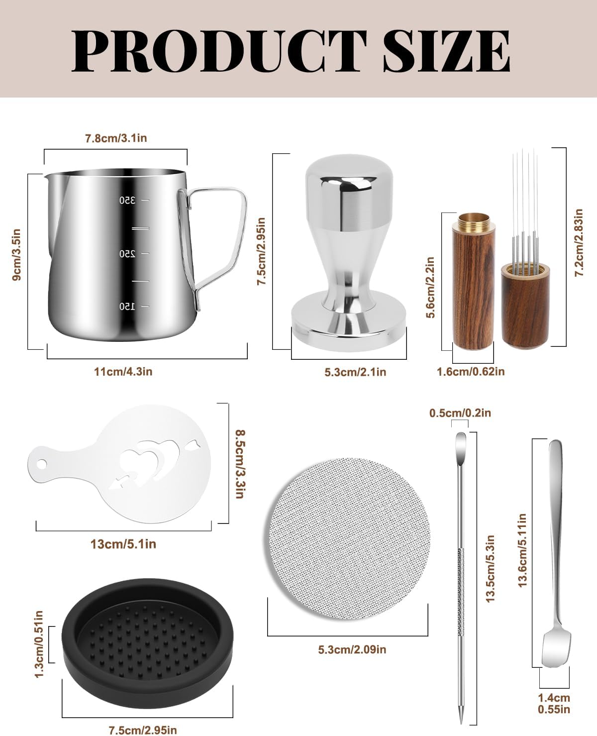 Espresso Kit, 350ml Espresso Milk Frothing Pitcher, 53mm Espresso Tamper, WDT Tool, 53.5mm Puck Screen, Dessert Spoons, Tamper Mat, Latte Art Pen &16 PCS Coffee Decorating Stencils