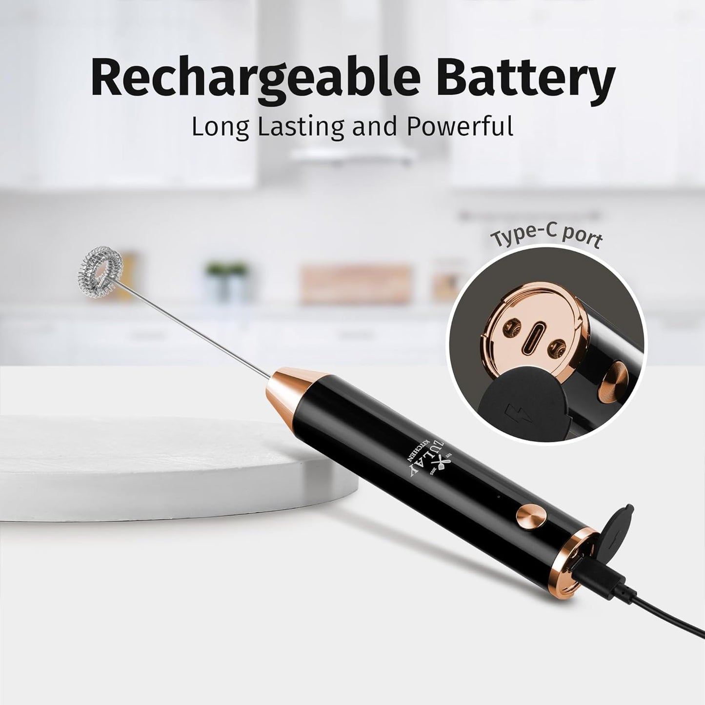 Zulay Kitchen Lux Rechargeable Milk Frother Handheld - Powerful 2-Speed Motor, Fully Waterproof, 2000mAh Battery - Drink Mixer For Latte, Cappuccino, Matcha, Protein Powder - Black Copper