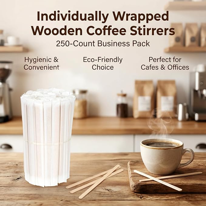 MAQIHAN 250PCS Individually Wrapped Wooden Coffee Stirrers - Image 9